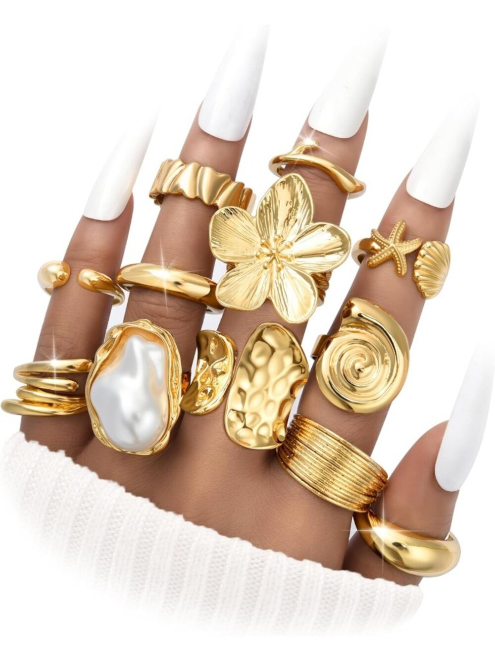 12 PCS Gold Plated Chunky Statement Rings Set for Women - Floral Design Jewelry